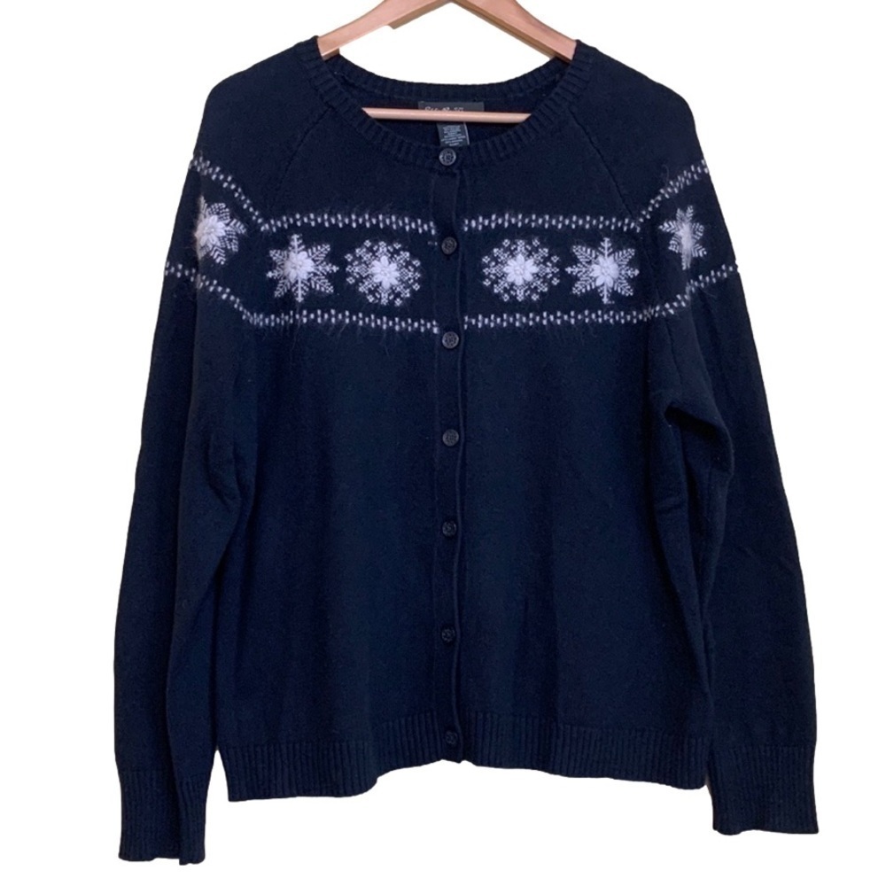 Eddie Bauer | Black White Snowflake Cotton Lambswool Angora Blend Cardigan XLT